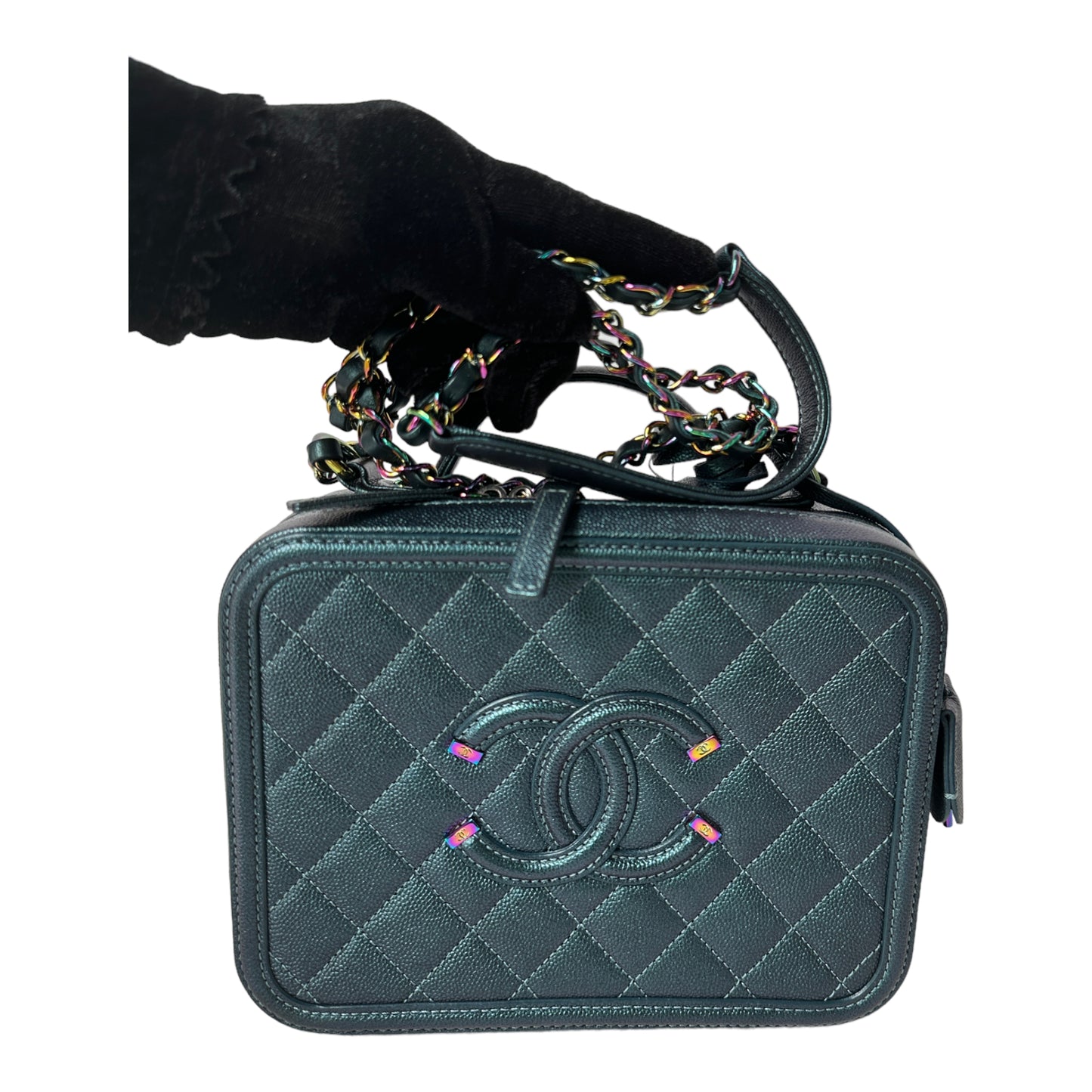 Medium CC Filigree Vanity Case in Dark Turquoise Caviar