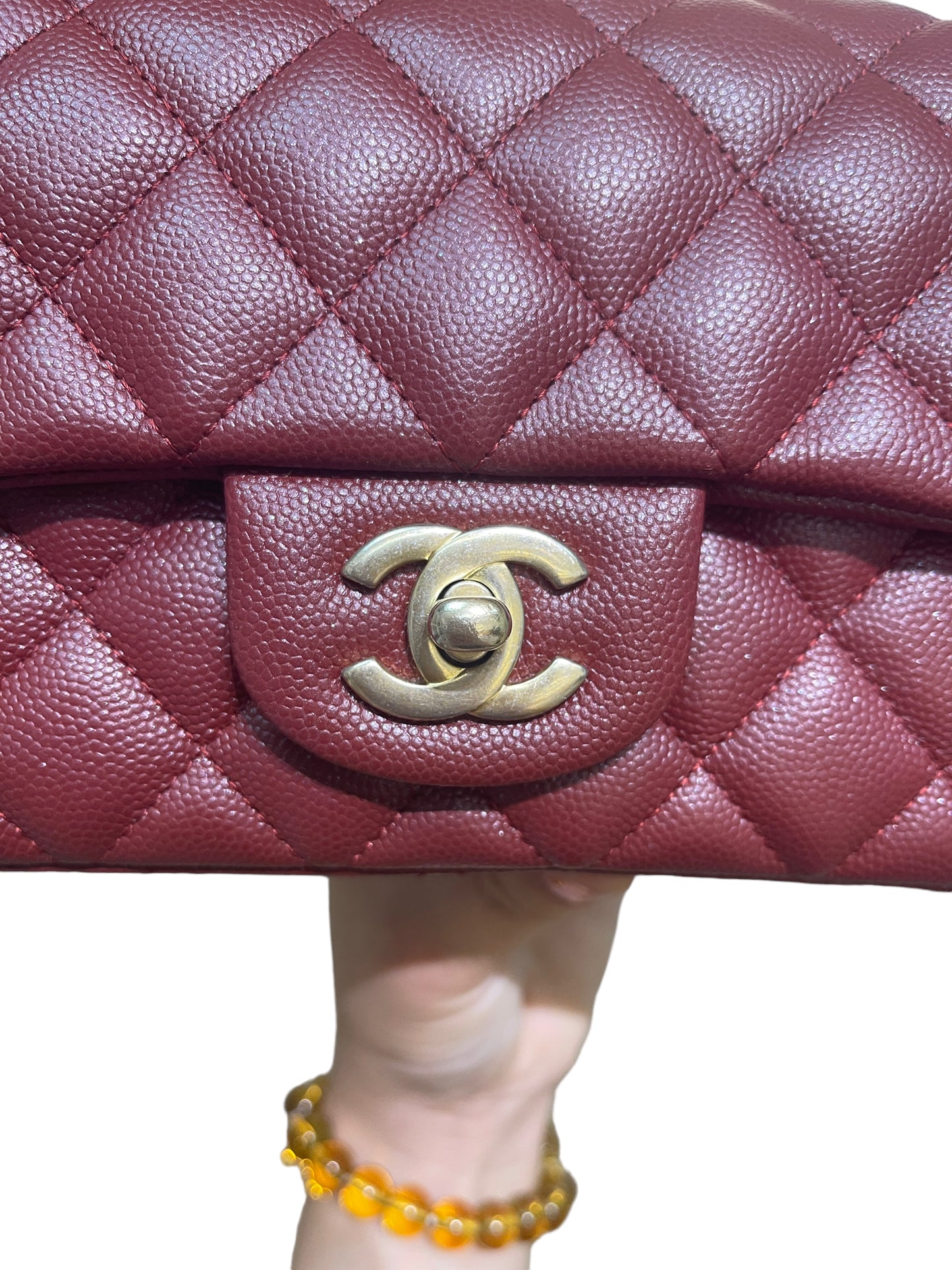 Chanel Classic Mini Rectangular 18C Iridescent Burgundy Quilted Caviar with brushed gold hardware