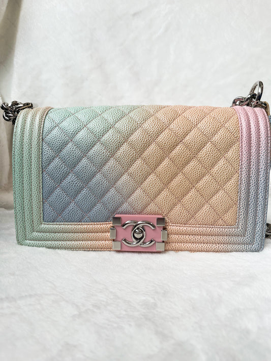 Chanel Medium Rainbow Boy Flap Caviar Leather Shoulder Bag Multicolor