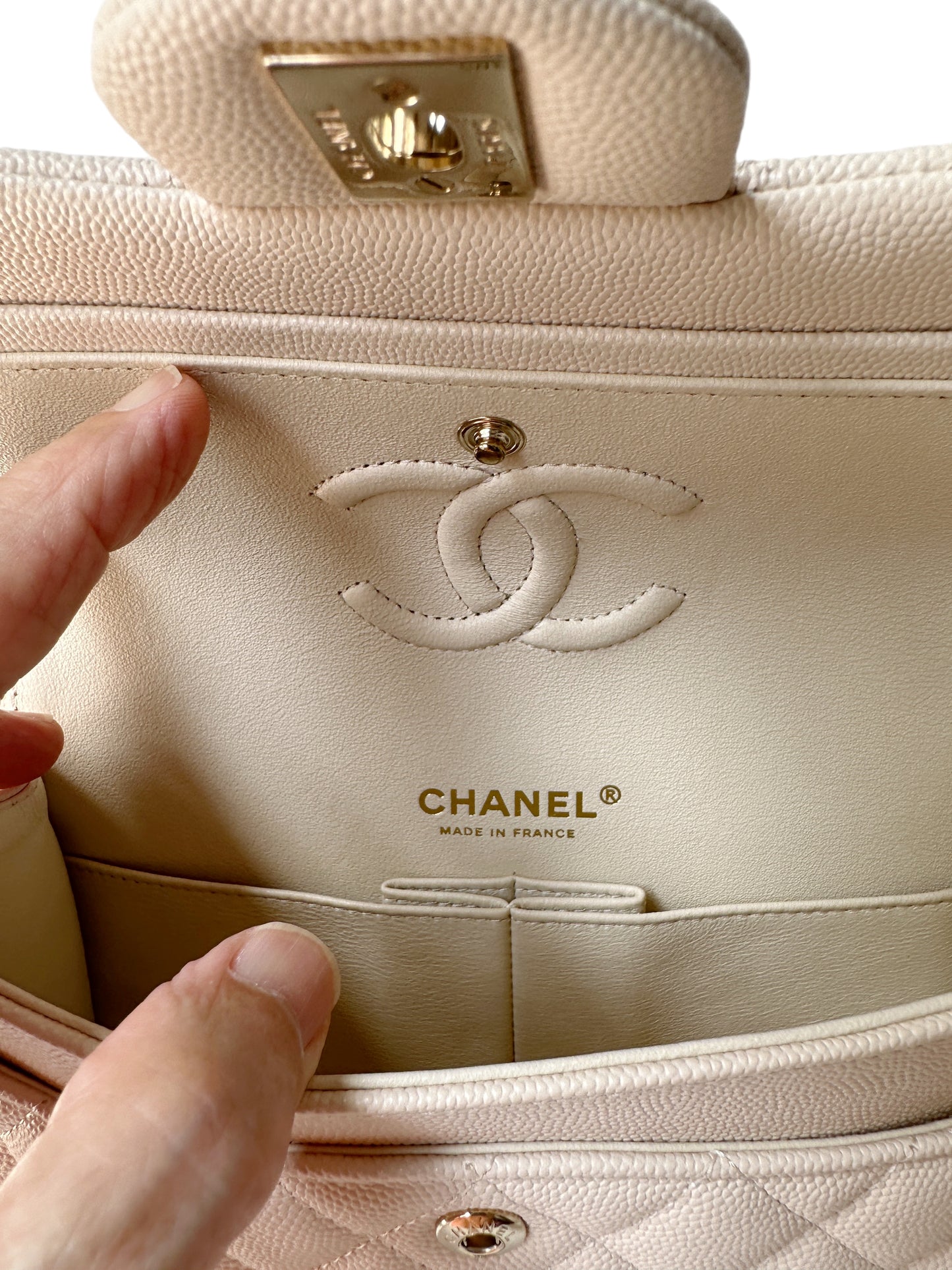 Chanel Classic Small Flap 20C Ivory Light Beige Quilted Caviar With Light Gold Hardware