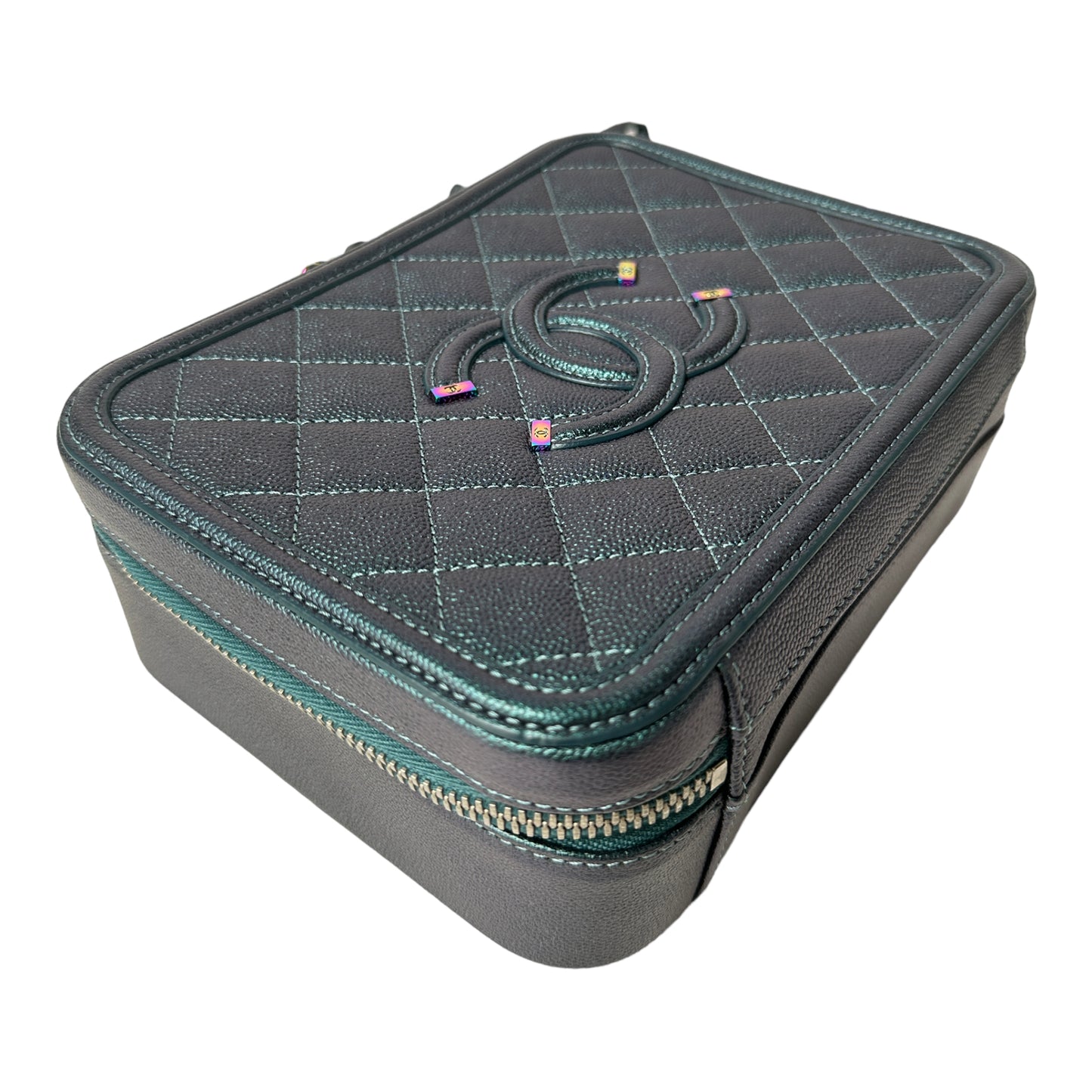 Medium CC Filigree Vanity Case in Dark Turquoise Caviar