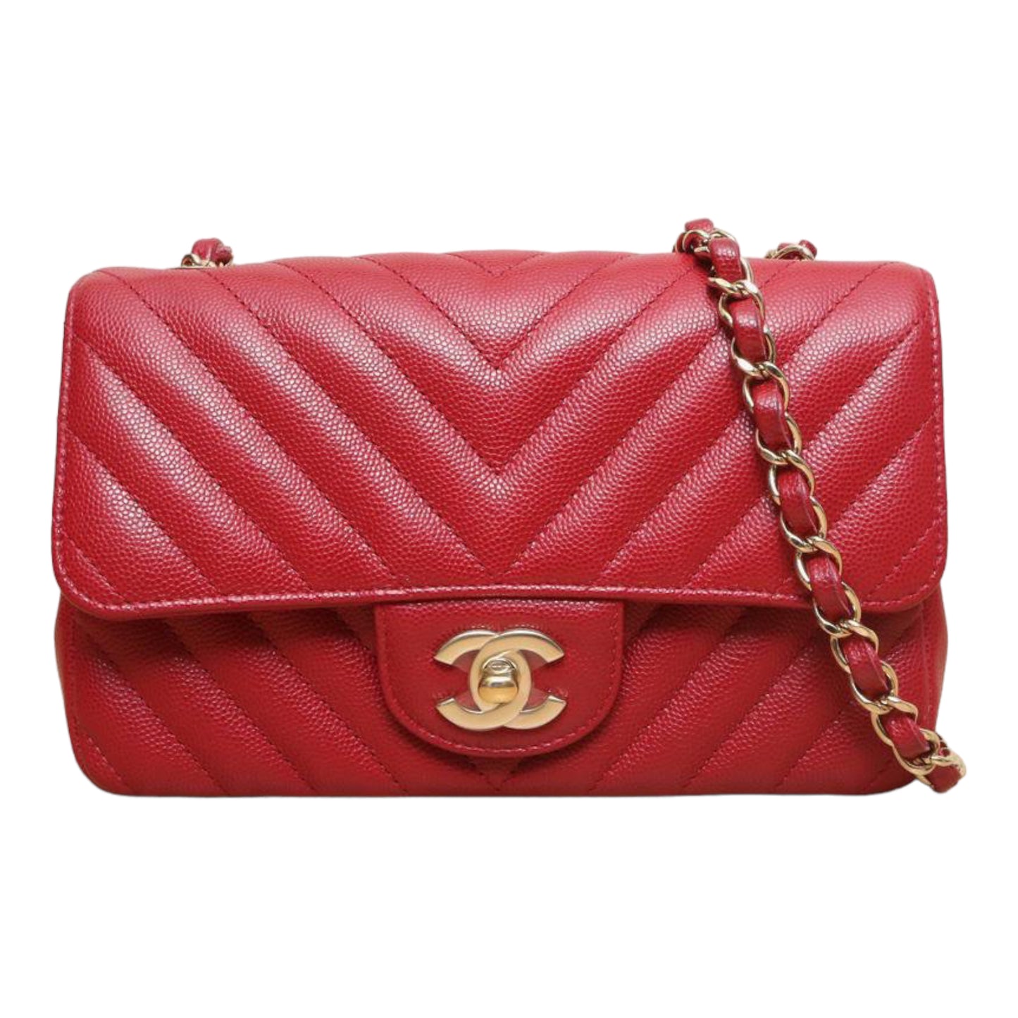 Chanel Mini Rectangle Chevron Red Caviar With GHW