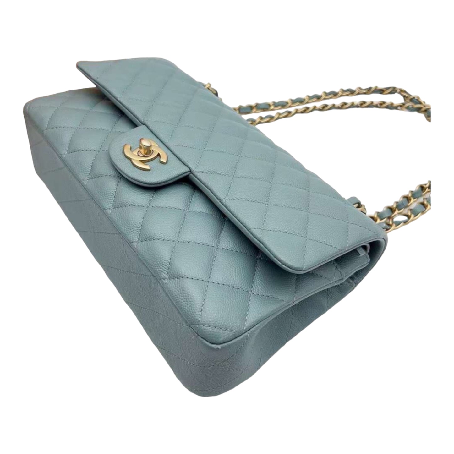 CHANEL 18C Iridescent Blue Caviar Flap Bag Brushed Gold Hardware