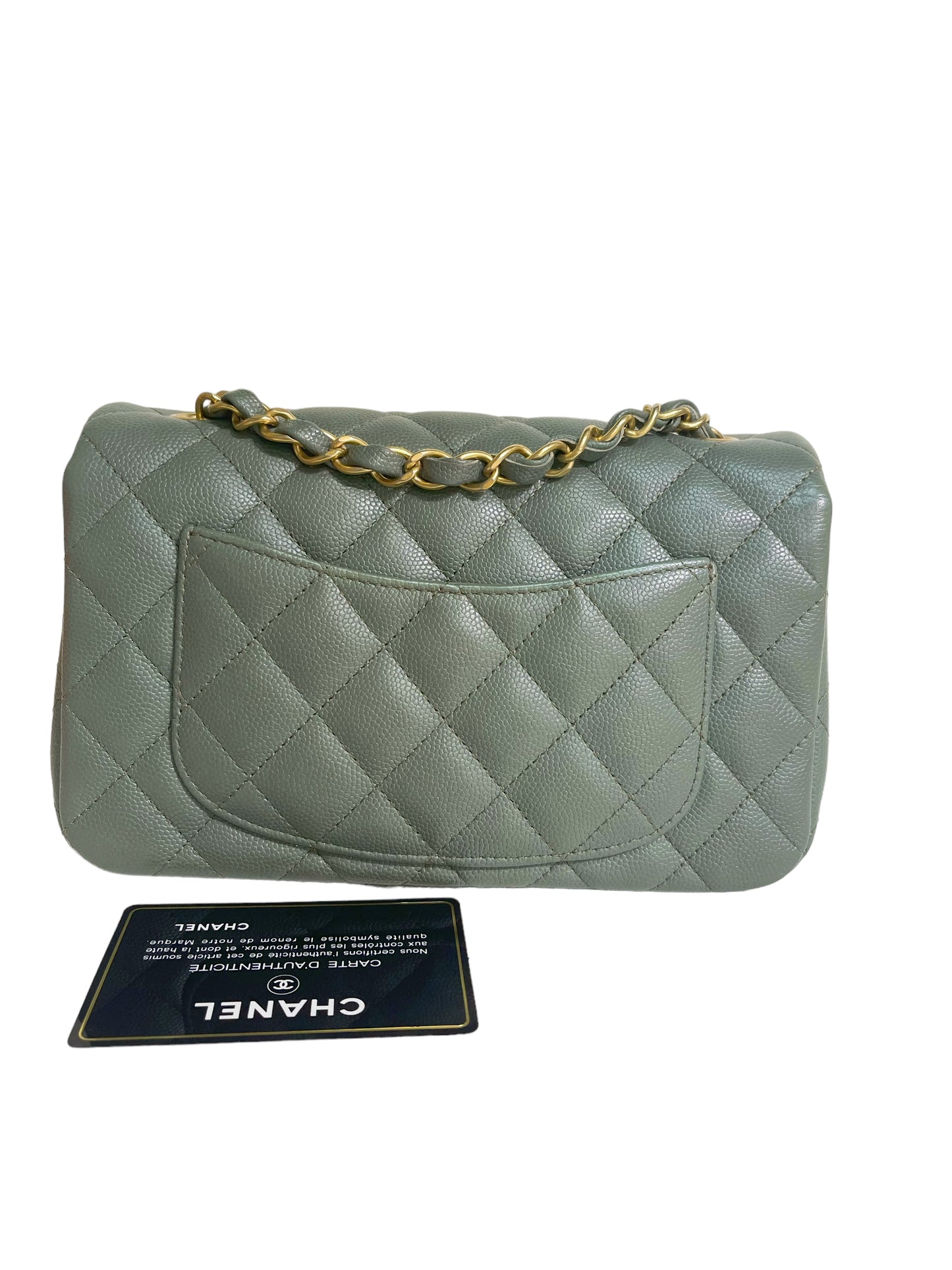 CHANEL 18C Iridescent Green Caviar Rectangular Mini Flap Bag Brushed Gold Hardware