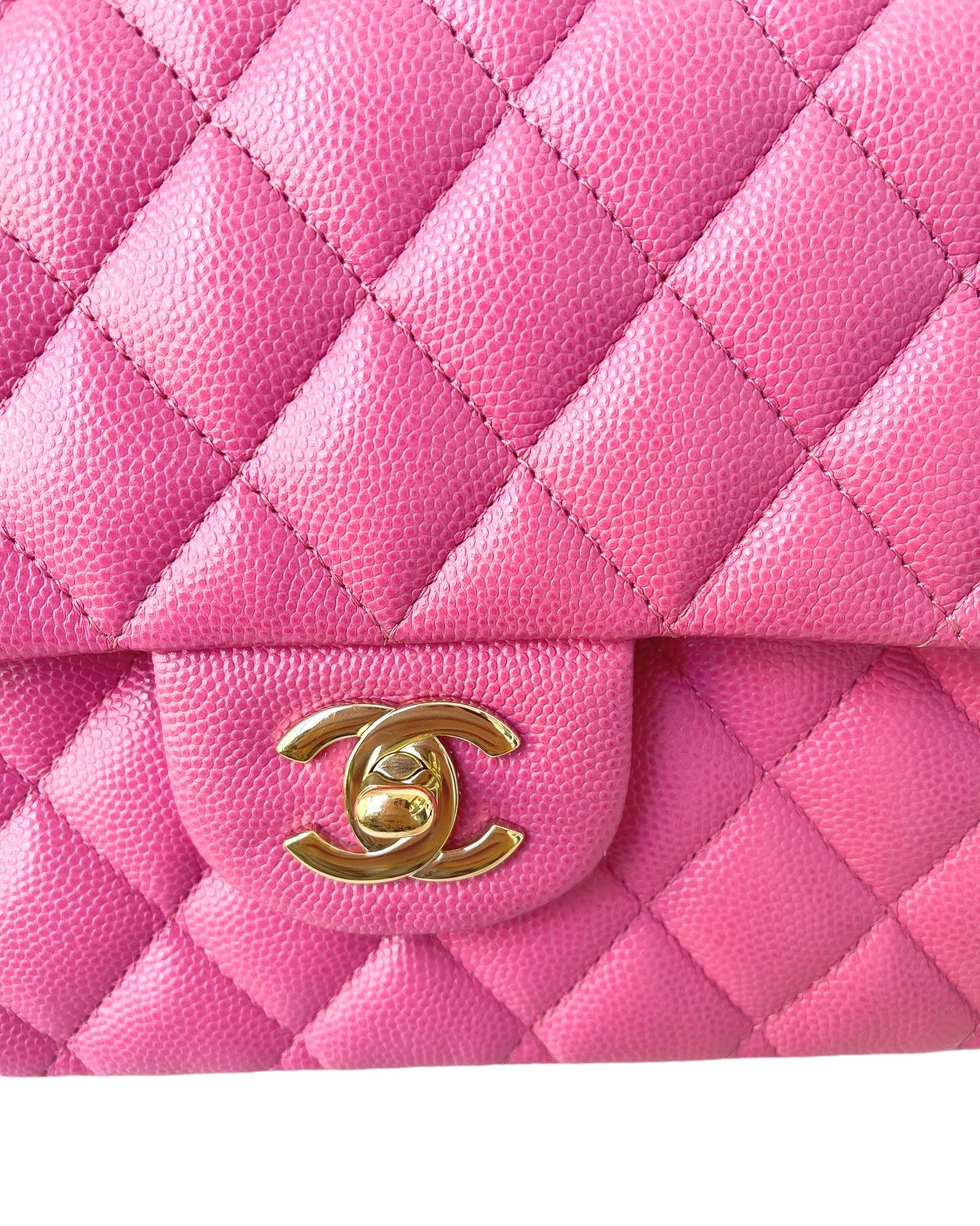 Classic Medium Double Flap 19C Pink Quilted Caviar With Light Gold Hardware