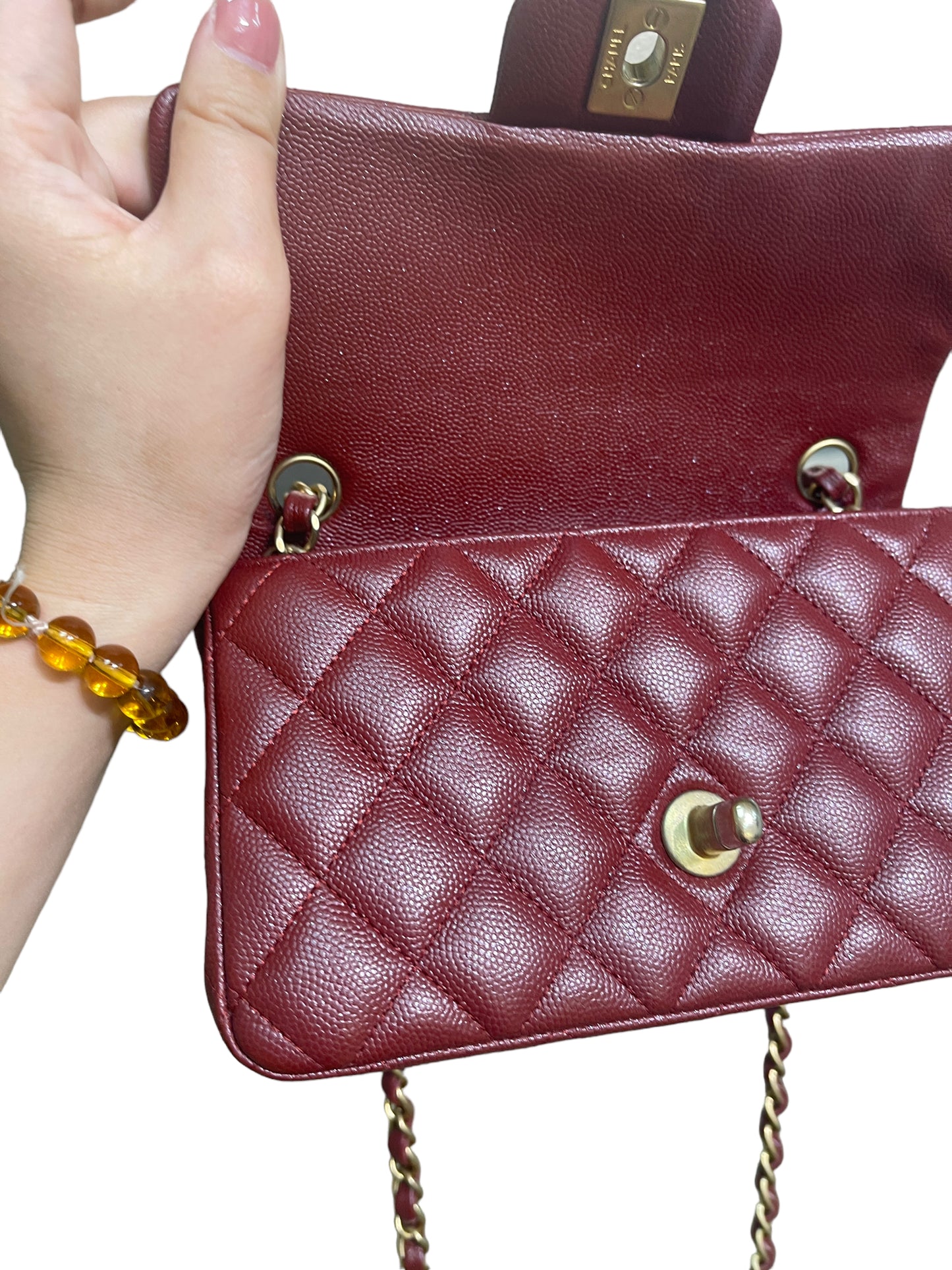 Chanel Classic Mini Rectangular 18C Iridescent Burgundy Quilted Caviar with brushed gold hardware