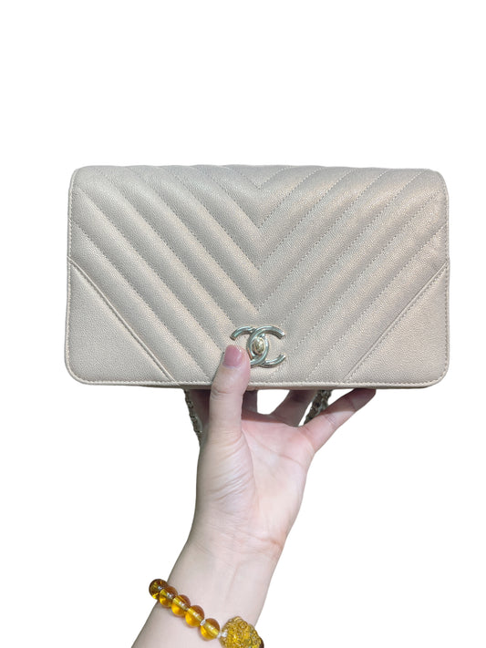 Chanel Medium Statement Flap in Iridescent Beige Grained Calfskin