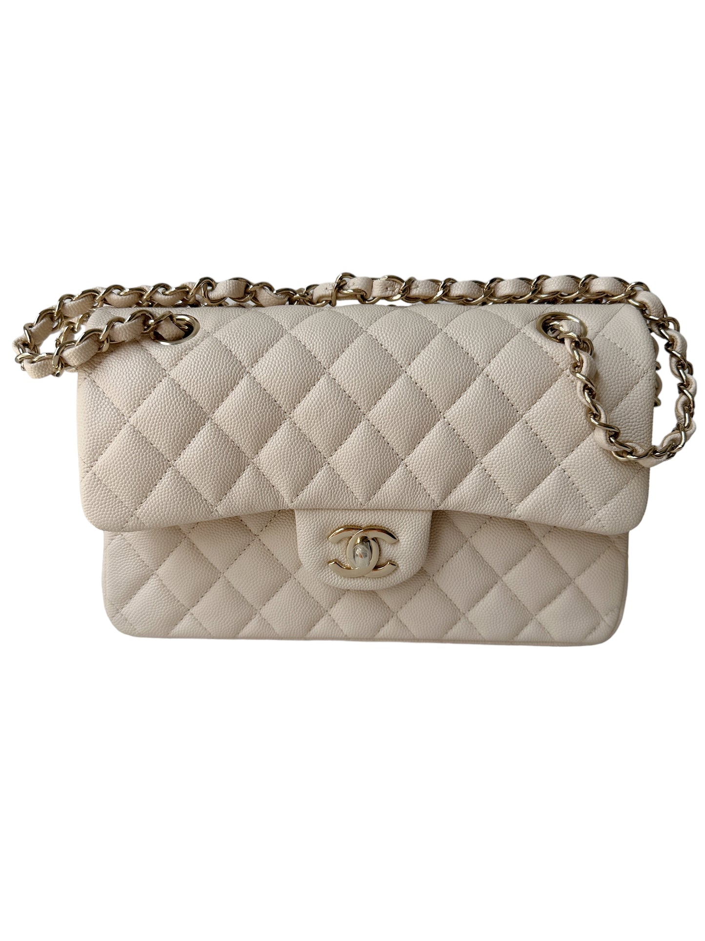 Chanel Classic Small Flap 20C Ivory Light Beige Quilted Caviar With Light Gold Hardware