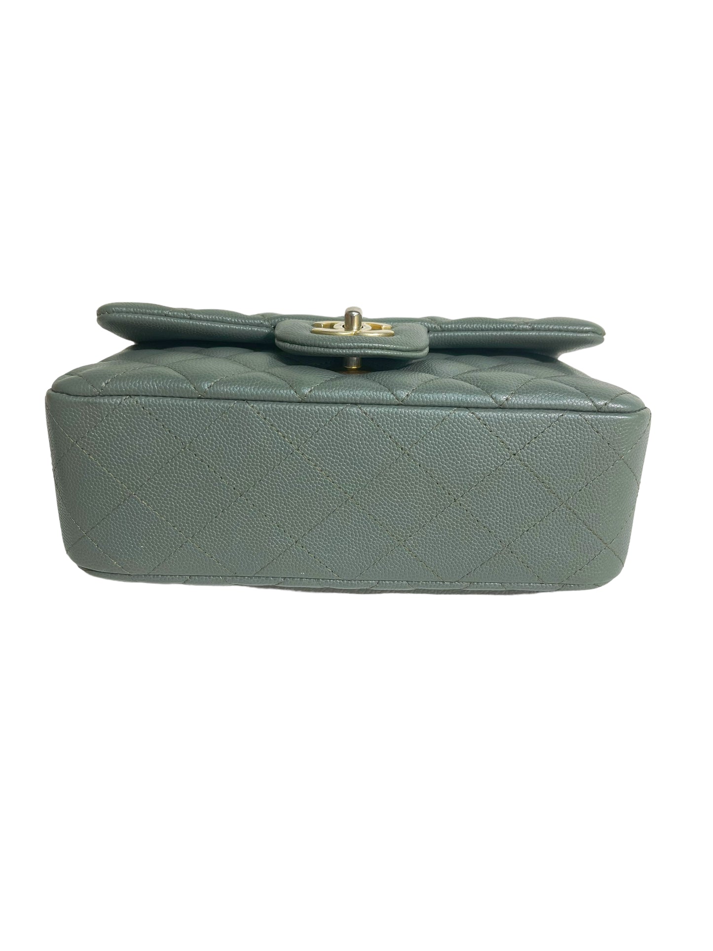 CHANEL 18C Iridescent Green Caviar Rectangular Mini Flap Bag Brushed Gold Hardware