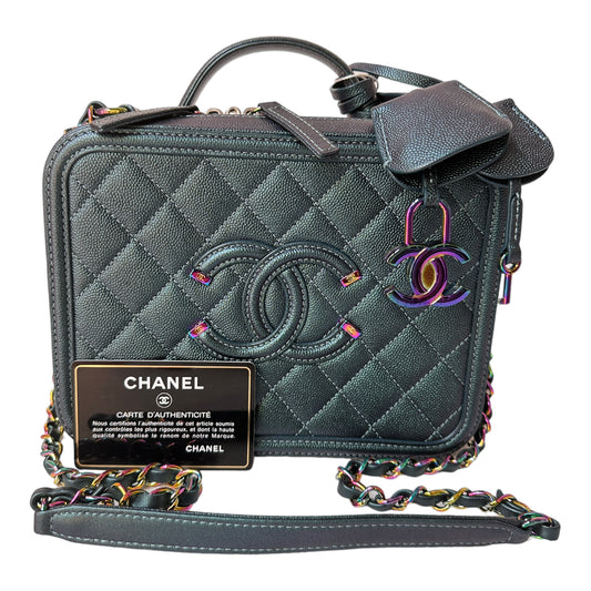 Medium CC Filigree Vanity Case in Dark Turquoise Caviar