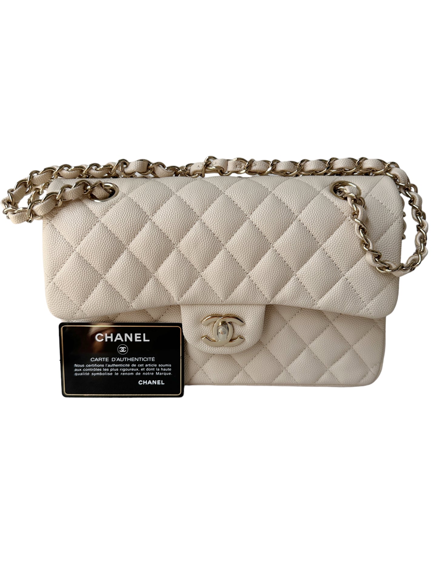 Chanel Classic Small Flap 20C Ivory Light Beige Quilted Caviar With Light Gold Hardware