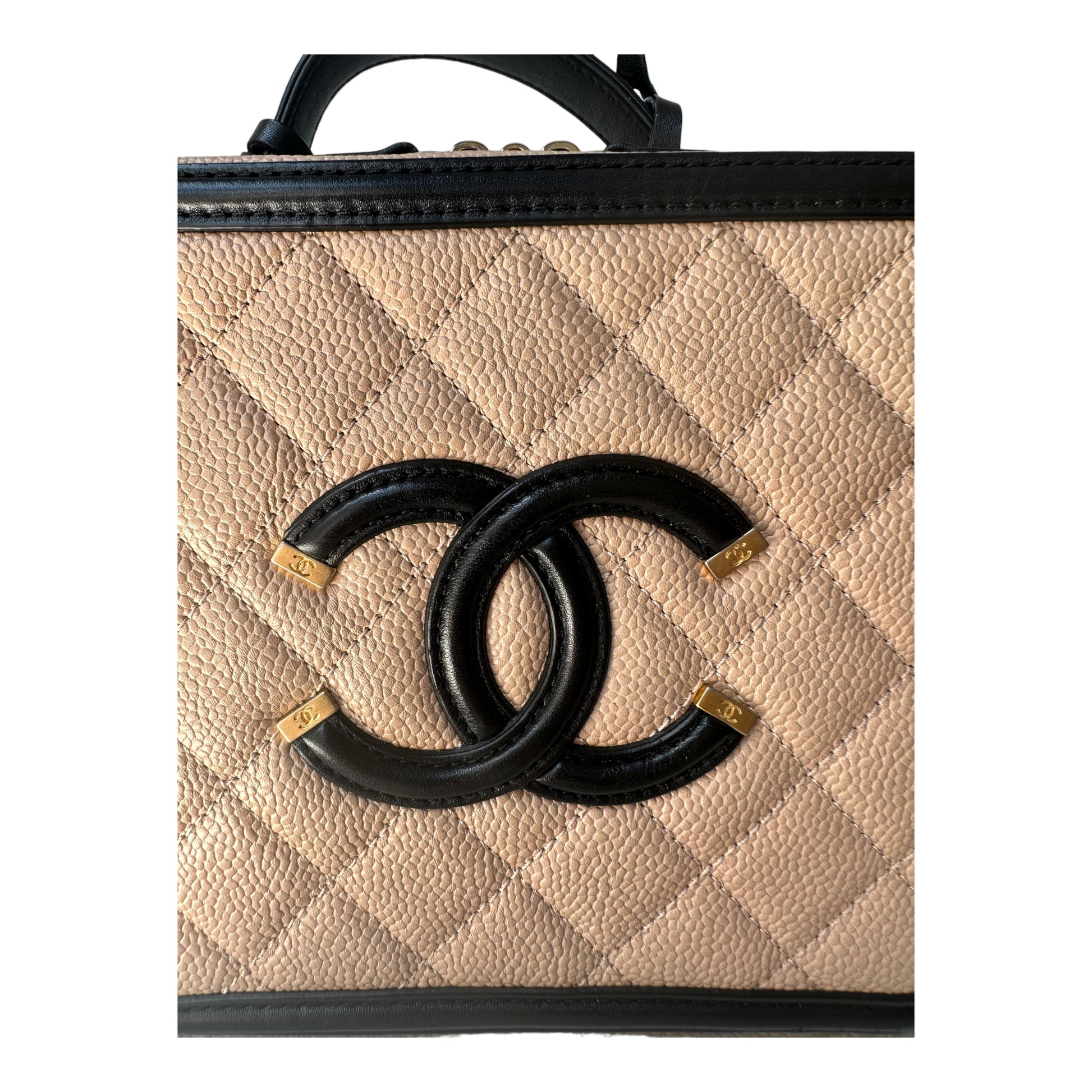Chanel Quilted Medium CC Filigree Vanity Case Beige Caviar Gold Hardwa –  Coco Approved Studio