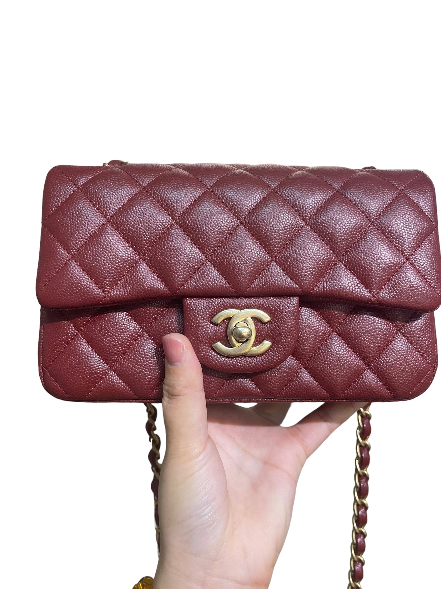 Chanel Classic Mini Rectangular 18C Iridescent Burgundy Quilted Caviar with brushed gold hardware