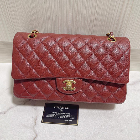 Chanel Medium Classic Quilted Flap Iridescent Burgundy Caviar Aged Gold Hardware 18C