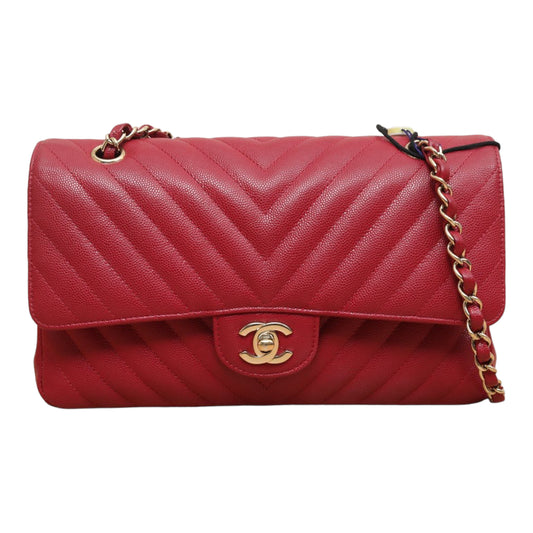 Chanel Medium Chevron Rosy Red Caviar Gold Hardware 18B