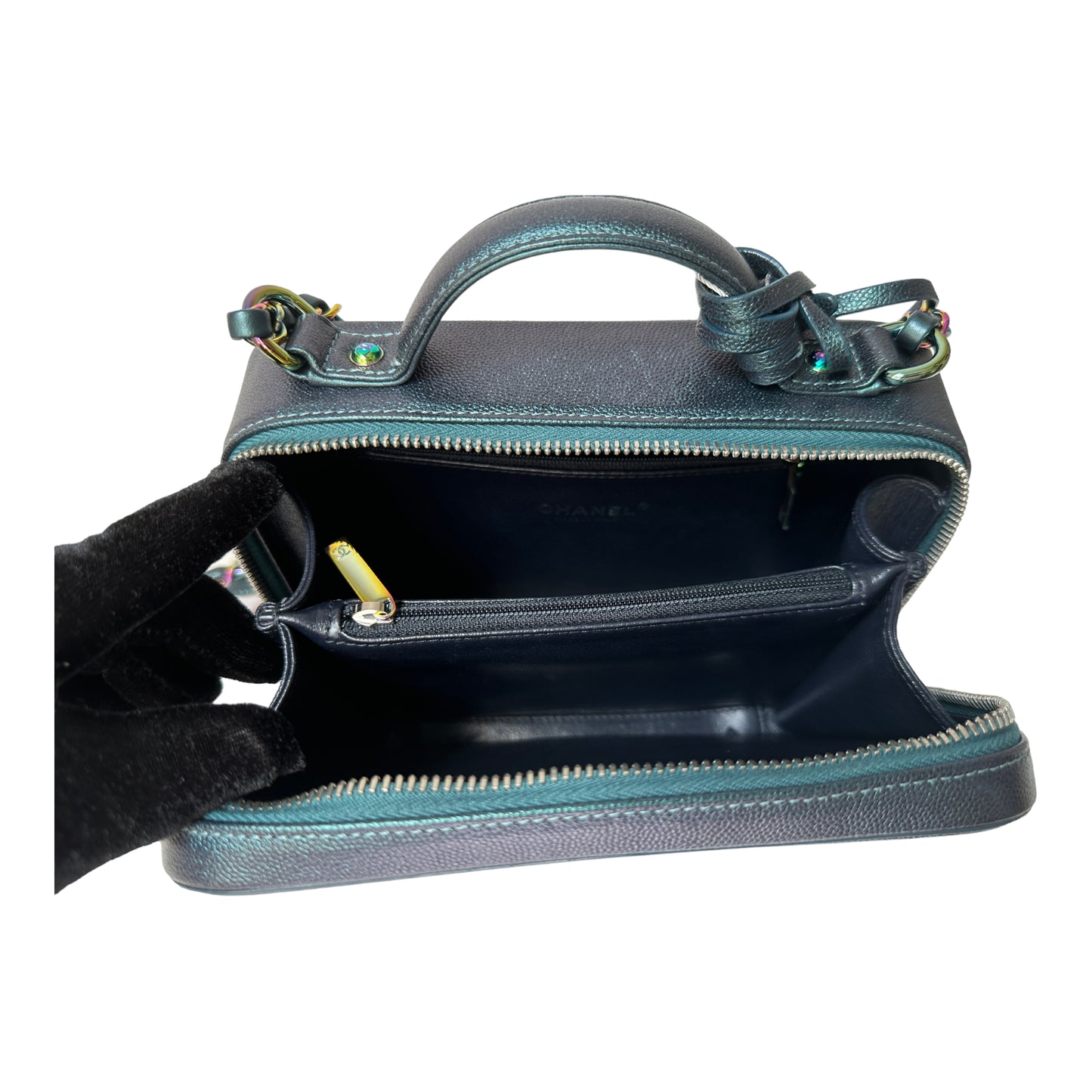 Medium CC Filigree Vanity Case in Dark Turquoise Caviar