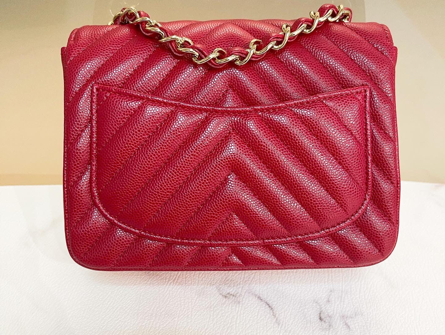 Chanel 18B Mini Square Raspberry Red Chanel Chevron Caviar with