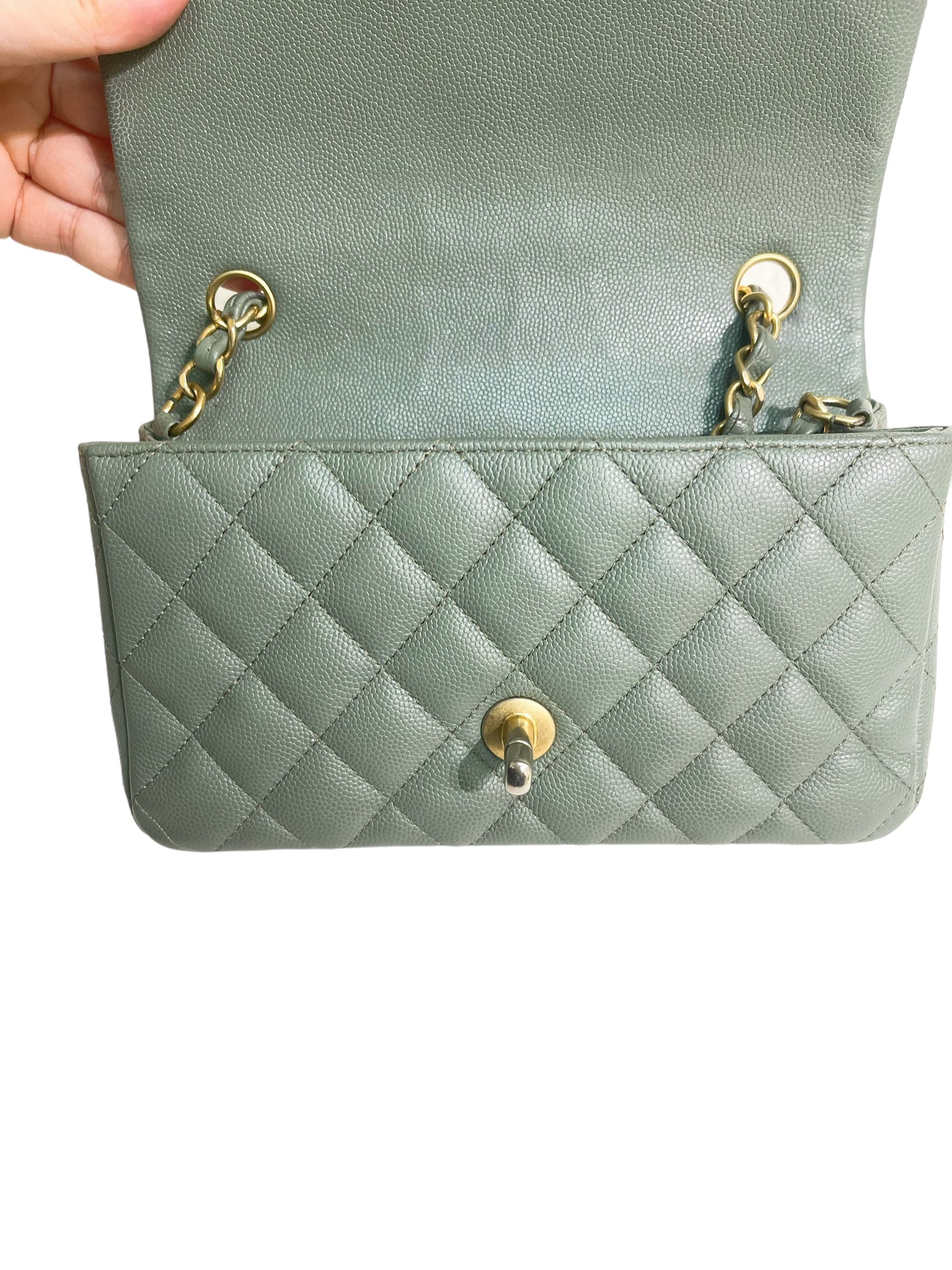 CHANEL 18C Iridescent Green Caviar Rectangular Mini Flap Bag Brushed Gold  Hardware