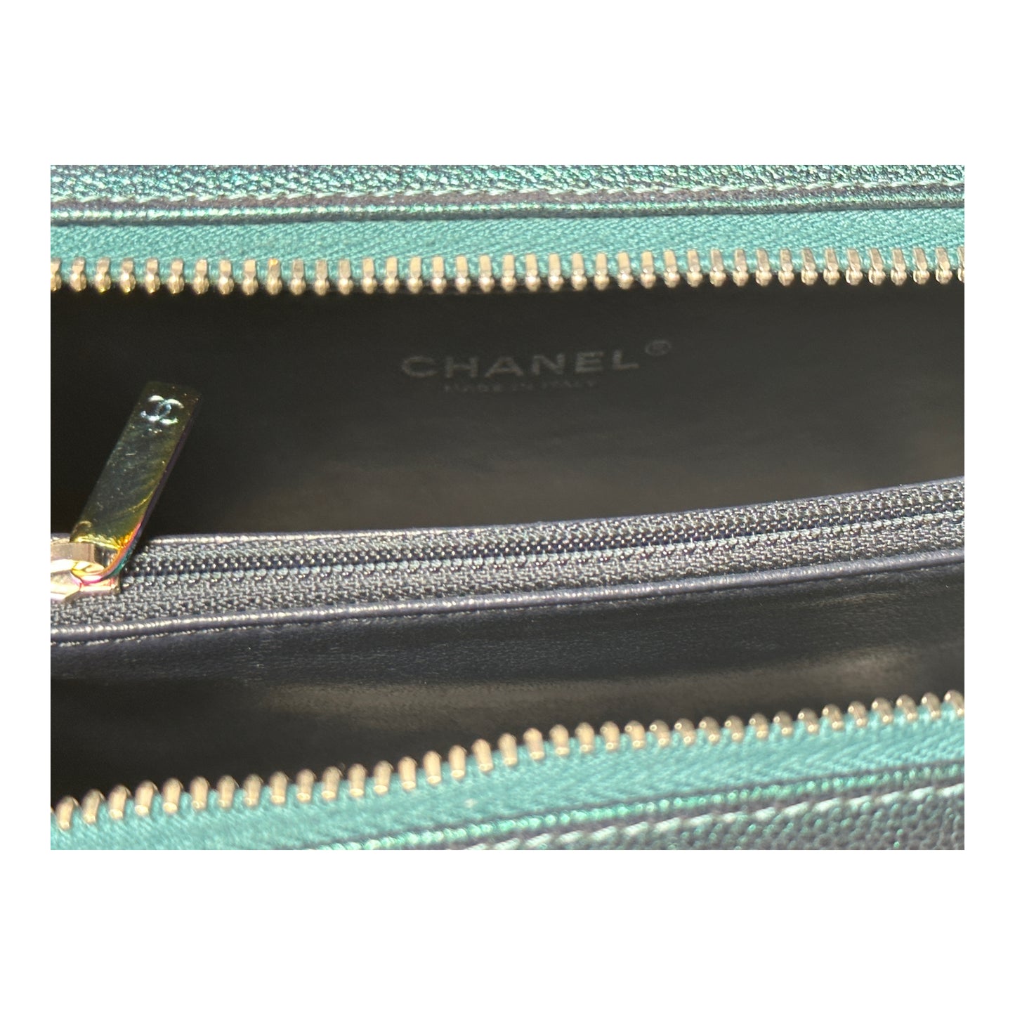 Medium CC Filigree Vanity Case in Dark Turquoise Caviar