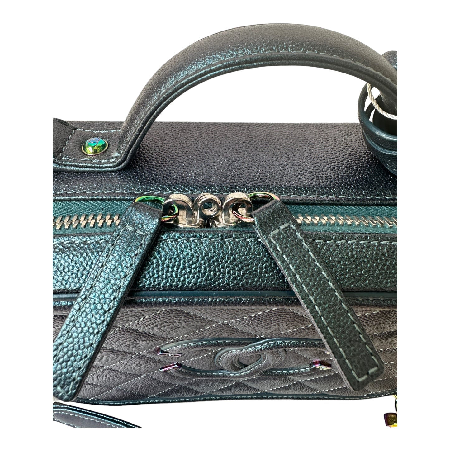 Medium CC Filigree Vanity Case in Dark Turquoise Caviar