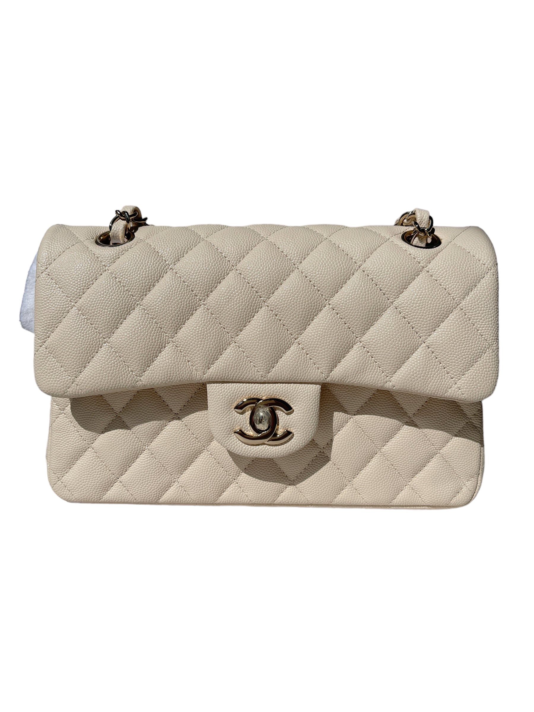 Chanel Classic Small Flap 20C Ivory Light Beige Quilted Caviar With Light  Gold Hardware