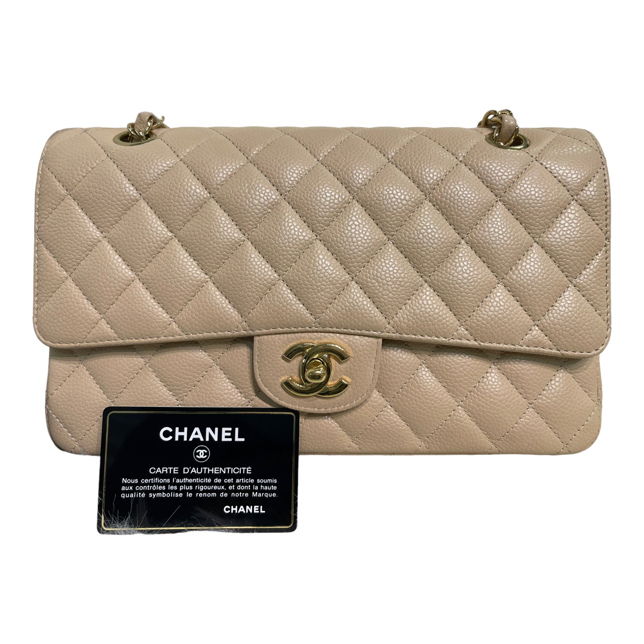 Chanel Classic M L Medium Flap Quilted Beige Caviar Gold Hardware