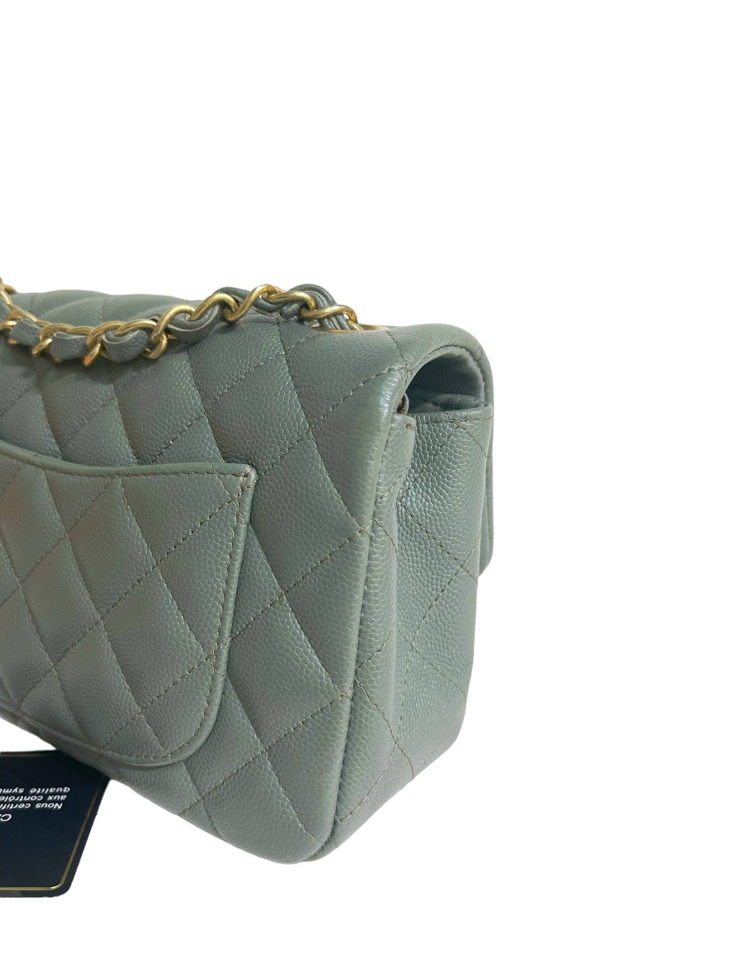 CHANEL 18C Iridescent Green Caviar Rectangular Mini Flap Bag Brushed Gold  Hardware