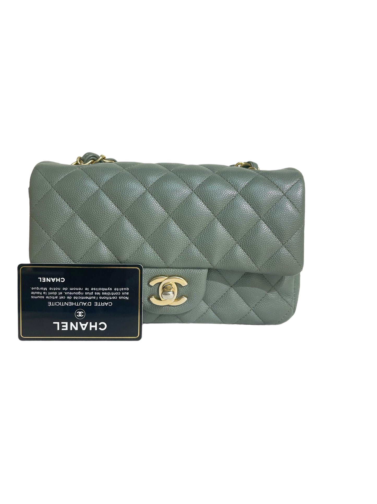 CHANEL 18C Iridescent Green Caviar Rectangular Mini Flap Bag