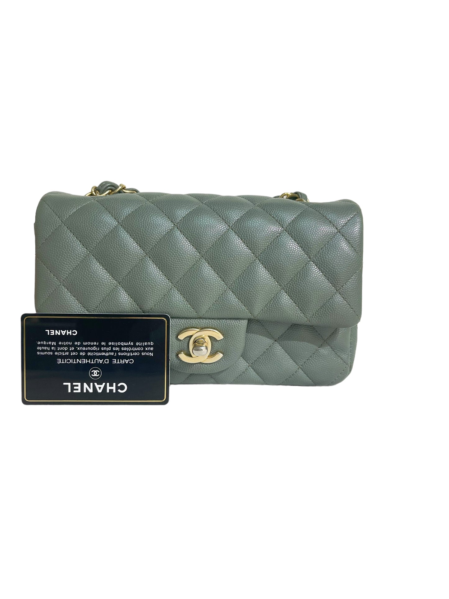 CHANEL 18C Iridescent Green Caviar Rectangular Mini Flap Bag Brushed Gold Hardware