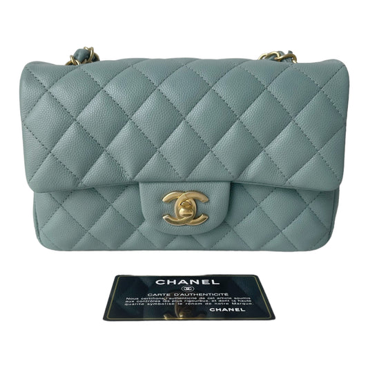 Chanel Quilted Mini Rectangular Flap Iridescent Blue Green Aged Gold Hardware 18C