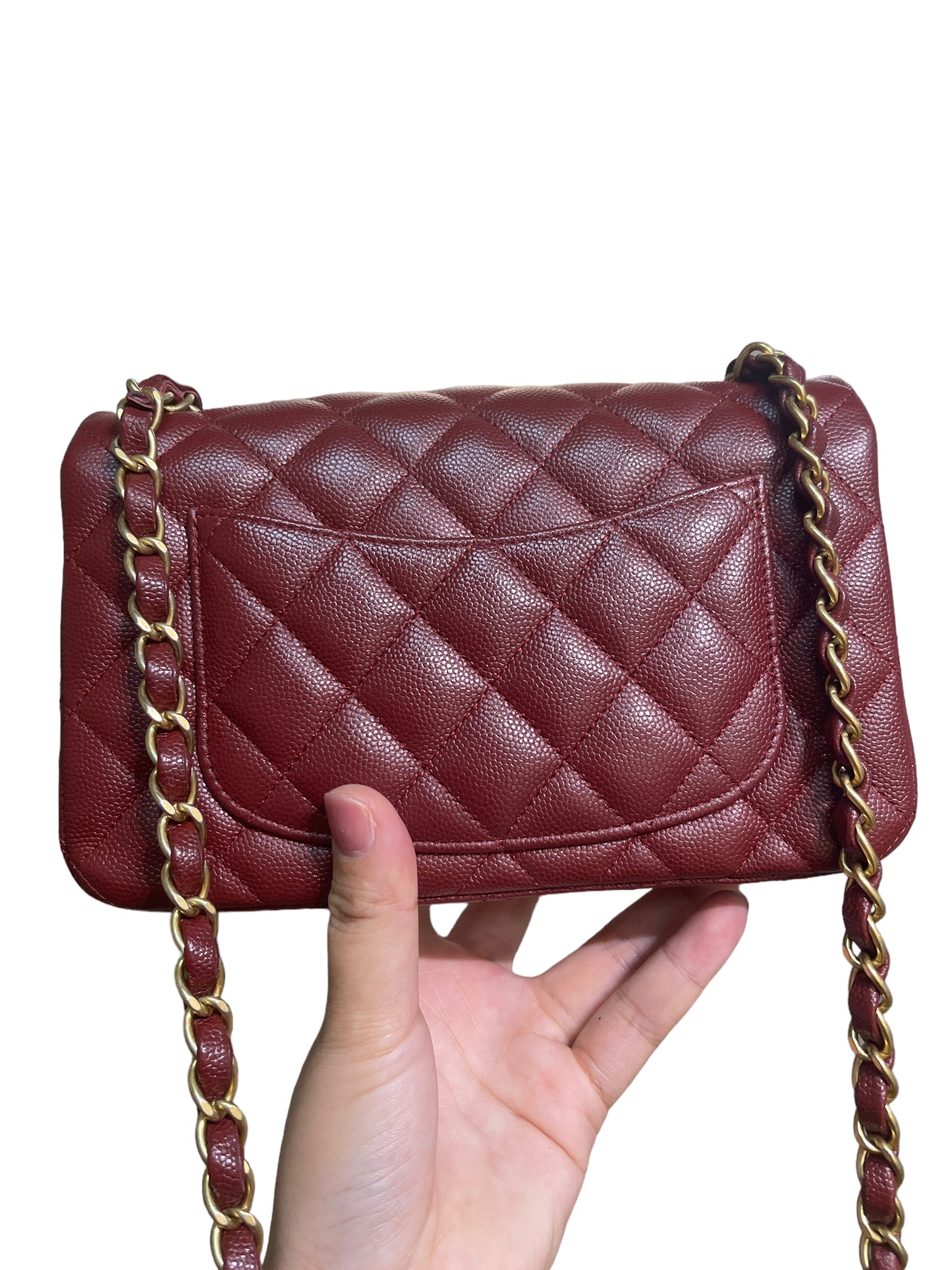 Chanel Classic Mini Rectangular 18C Iridescent Burgundy Quilted Caviar with brushed gold hardware