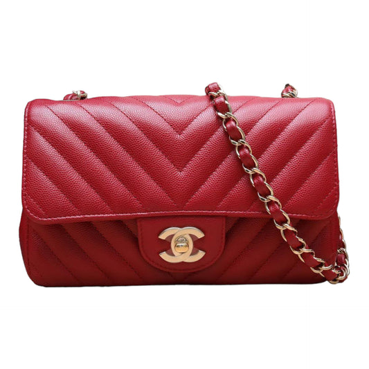 Chanel Mini Rectangle Chevron Red Caviar With GHW