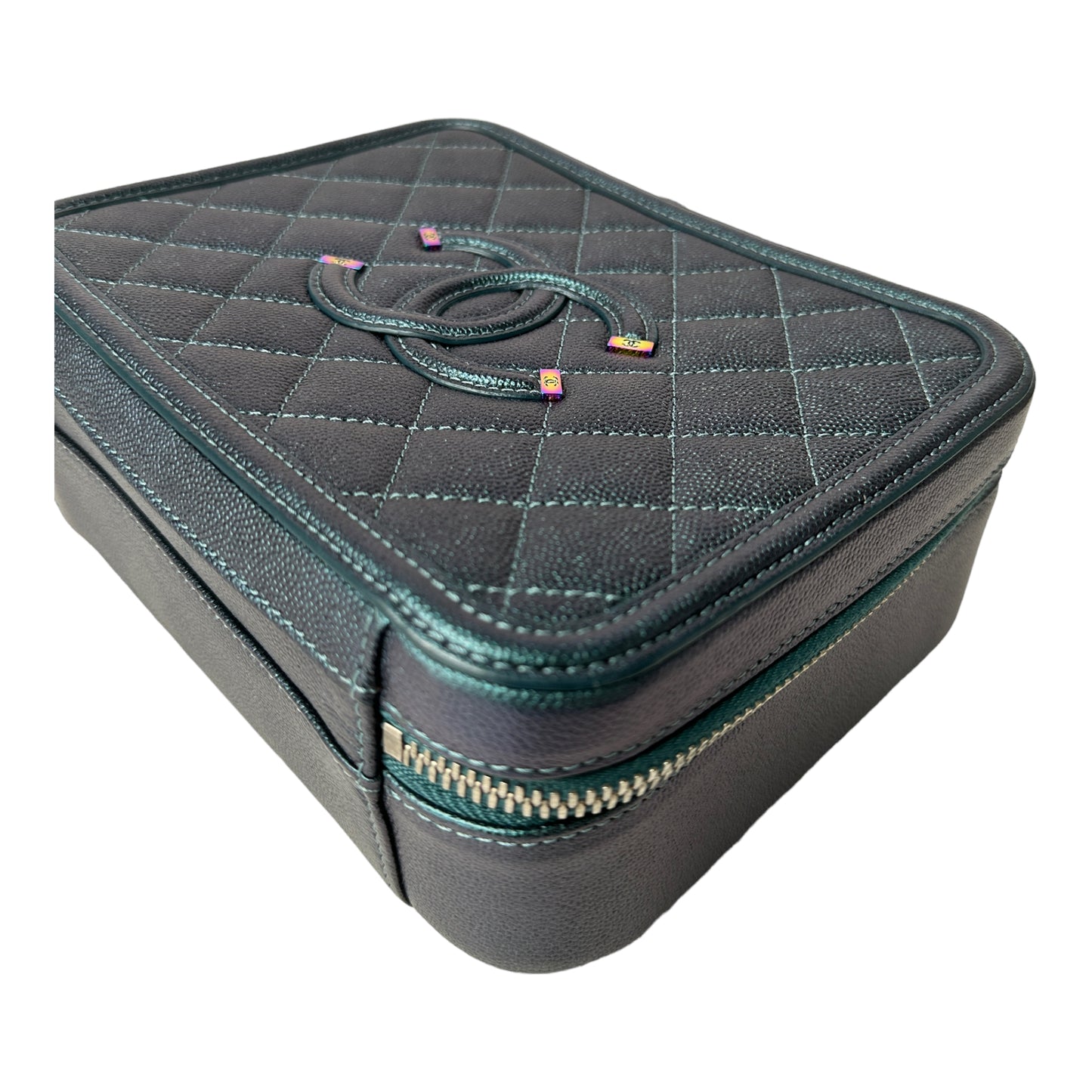 Medium CC Filigree Vanity Case in Dark Turquoise Caviar