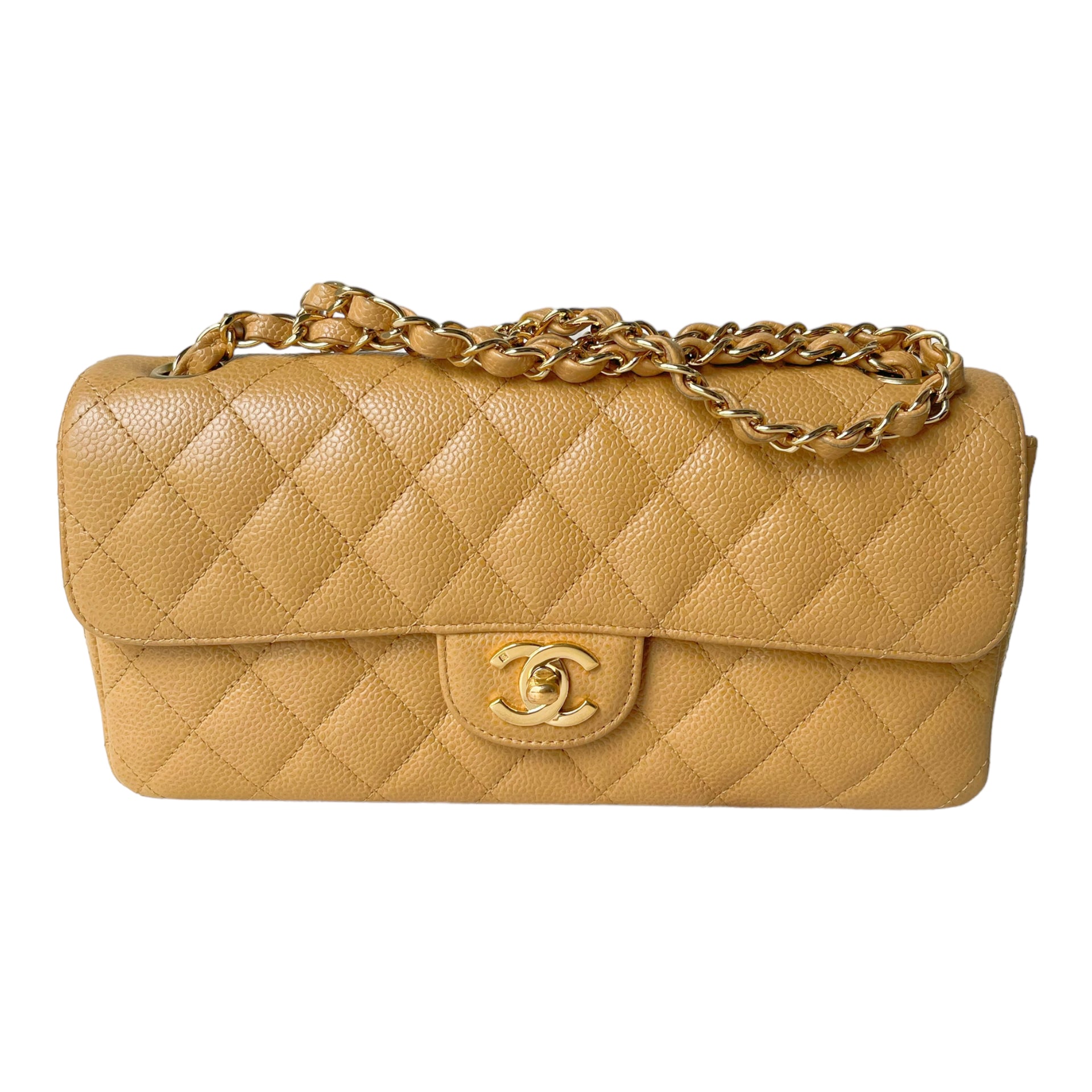 Chanel Quilted East West Flap Dark Beige Caviar Gold Hardware